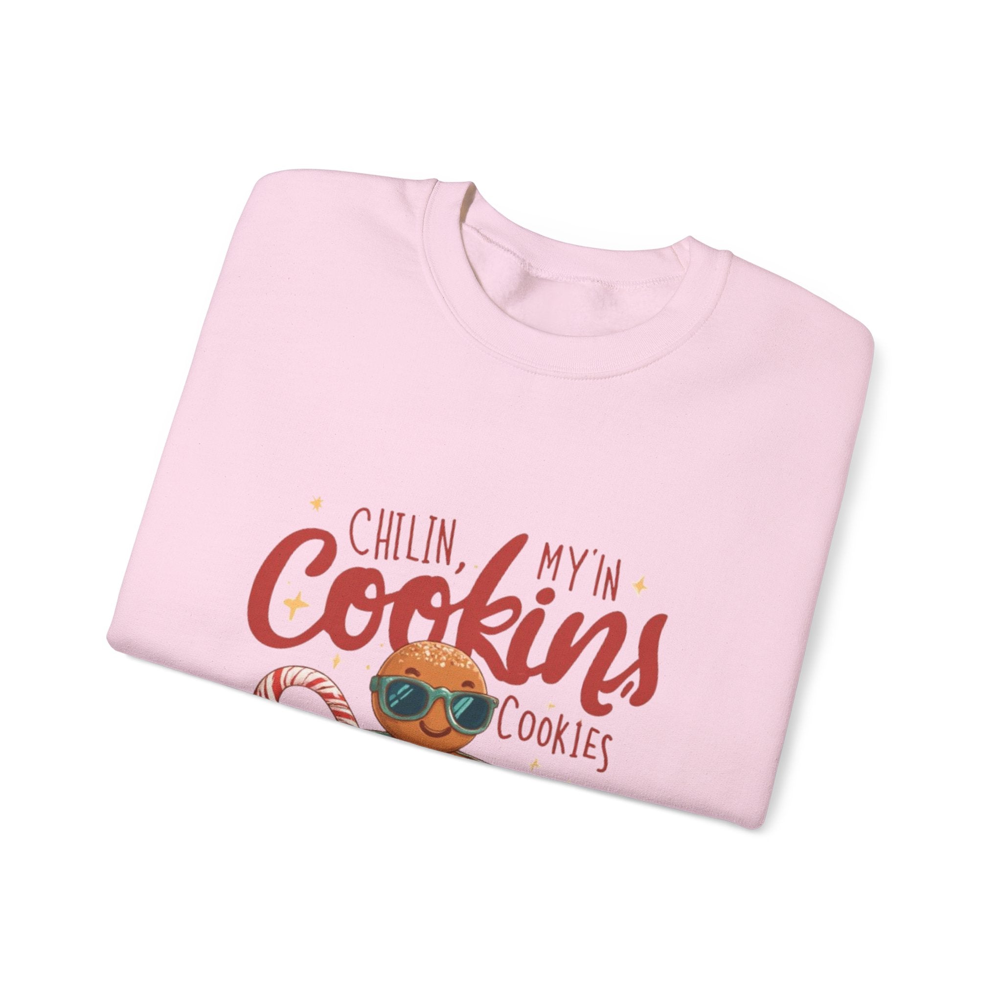 Crewneck Sweatshirt — "Chillin', My N' Cookins' Cookies" Cute Gingerbread Cup Holiday Pullover