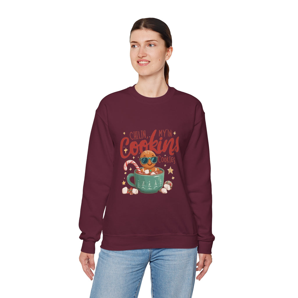 Crewneck Sweatshirt — "Chillin', My N' Cookins' Cookies" Cute Gingerbread Cup Holiday Pullover