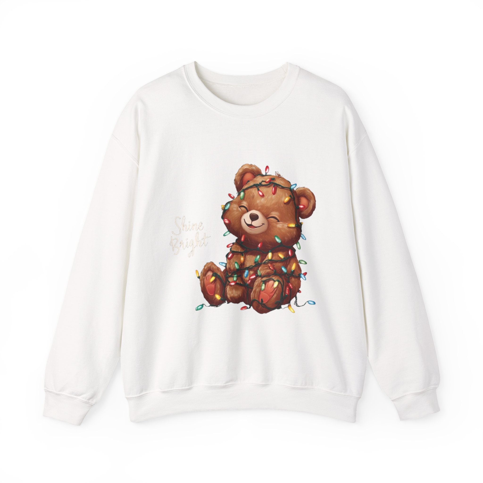 Crewneck Sweatshirt — Cute Teddy Wrapped in Christmas Lights Holiday Pullover