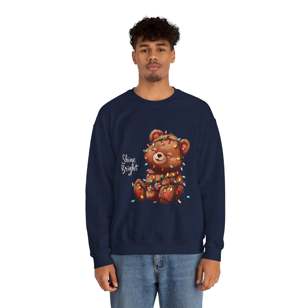 Crewneck Sweatshirt — Cute Teddy Wrapped in Christmas Lights Holiday Pullover