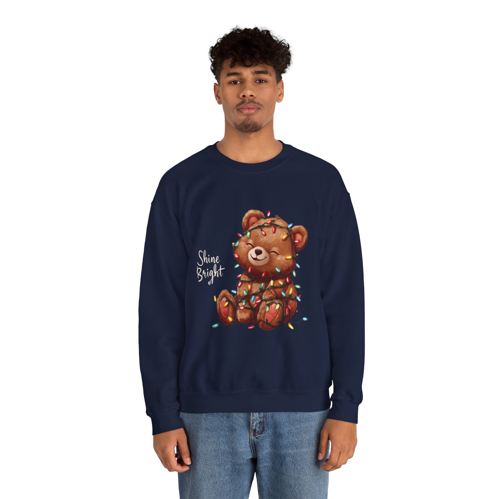 Crewneck Sweatshirt — Cute Teddy Wrapped in Christmas Lights Holiday Pullover