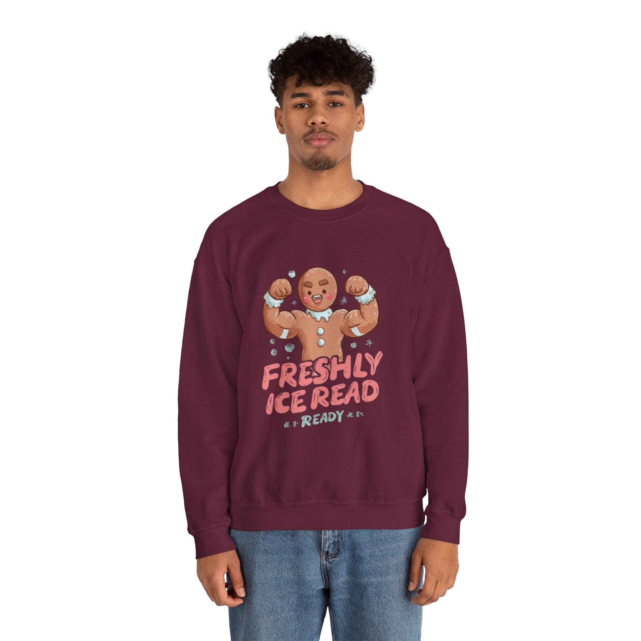 Crewneck Sweatshirt — 'Freshly Iced & Ready' Muscular Gingerbread Holiday Sweatshirt