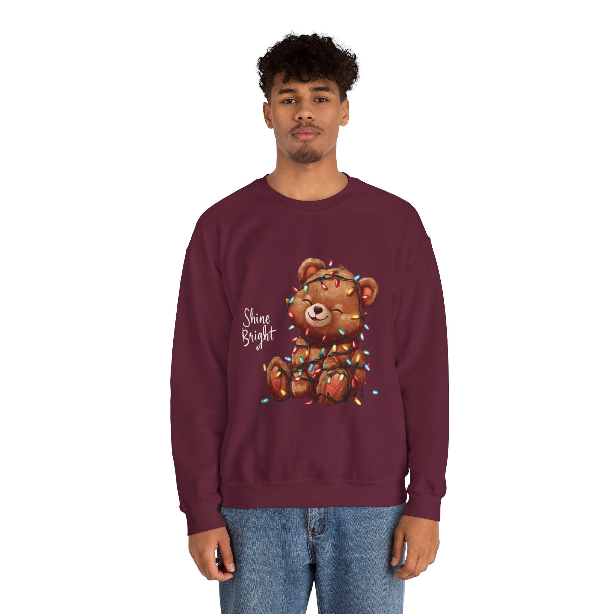 Crewneck Sweatshirt — Cute Teddy Wrapped in Christmas Lights Holiday Pullover