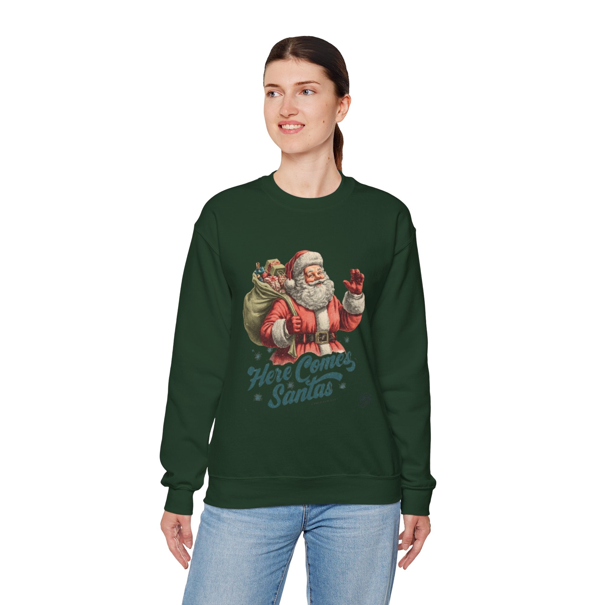 Santa Crewneck Sweatshirt — 'Here Comes Santa' Vintage Christmas Sweater