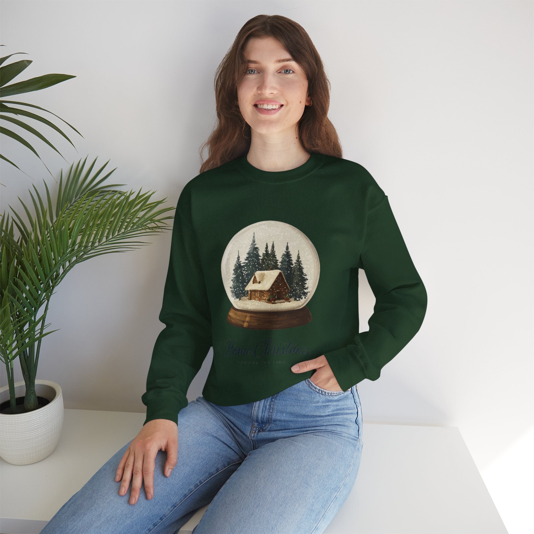 Christmas Snow Globe Sweatshirt — "Home Christmas" Cozy Cabin Crewneck