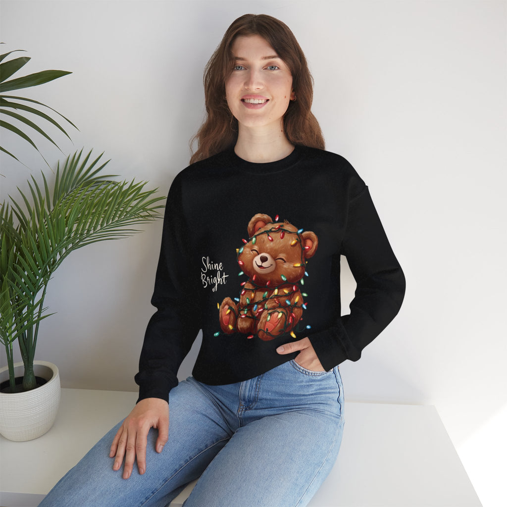 Crewneck Sweatshirt — Cute Teddy Wrapped in Christmas Lights Holiday Pullover