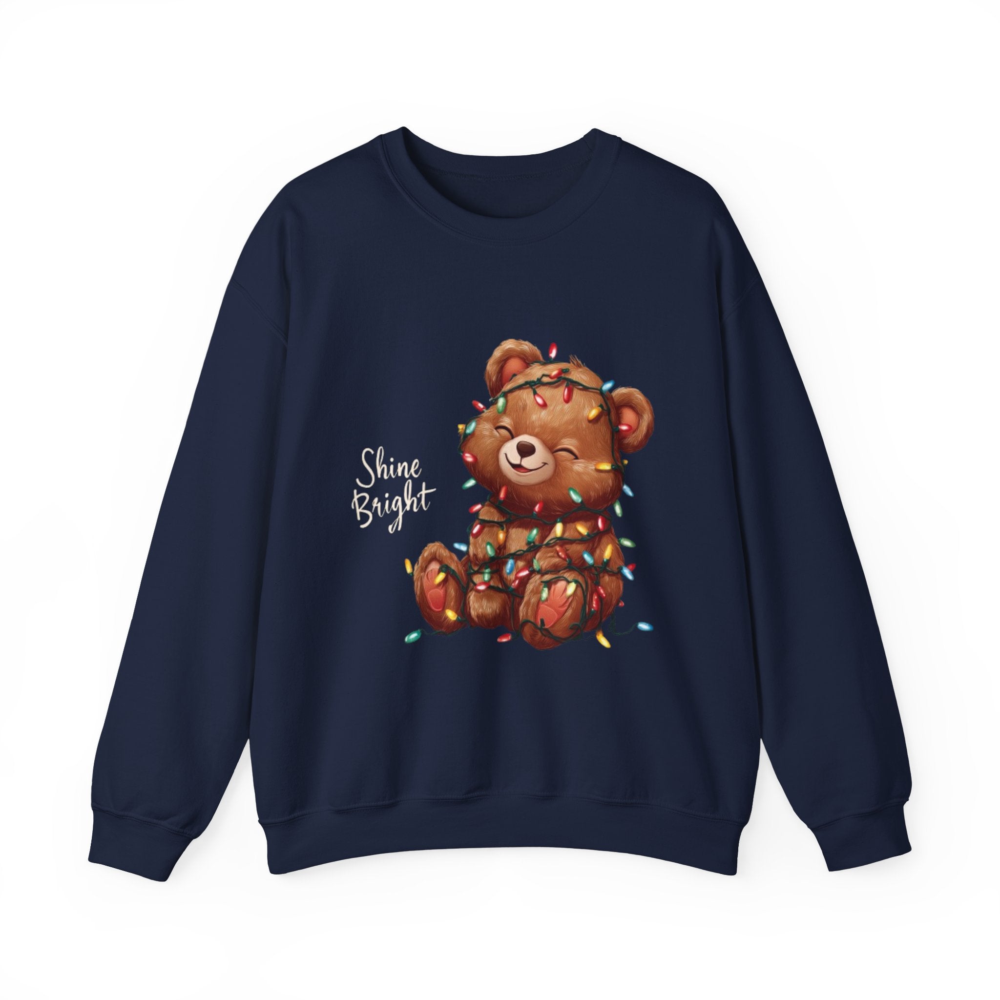 Crewneck Sweatshirt — Cute Teddy Wrapped in Christmas Lights Holiday Pullover