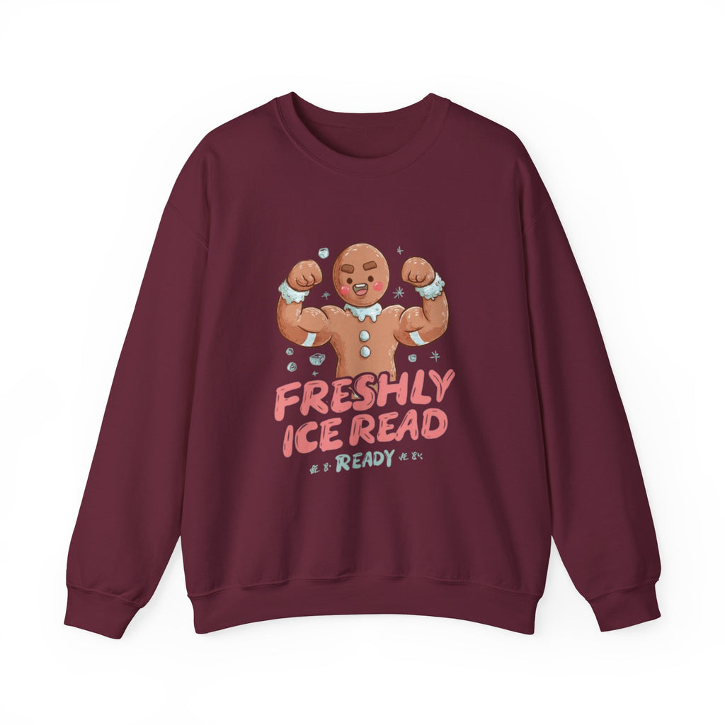 Crewneck Sweatshirt — 'Freshly Iced & Ready' Muscular Gingerbread Holiday Sweatshirt