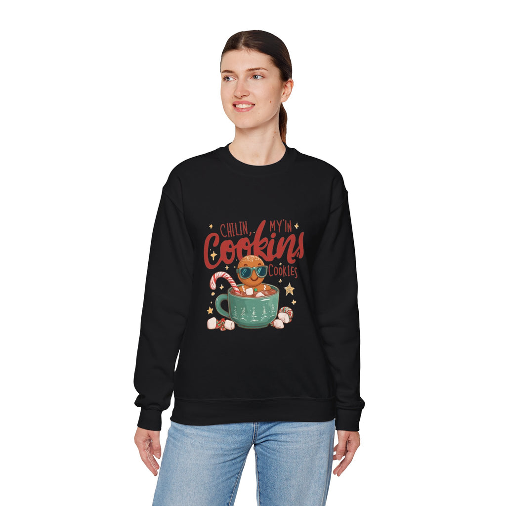 Crewneck Sweatshirt — "Chillin', My N' Cookins' Cookies" Cute Gingerbread Cup Holiday Pullover