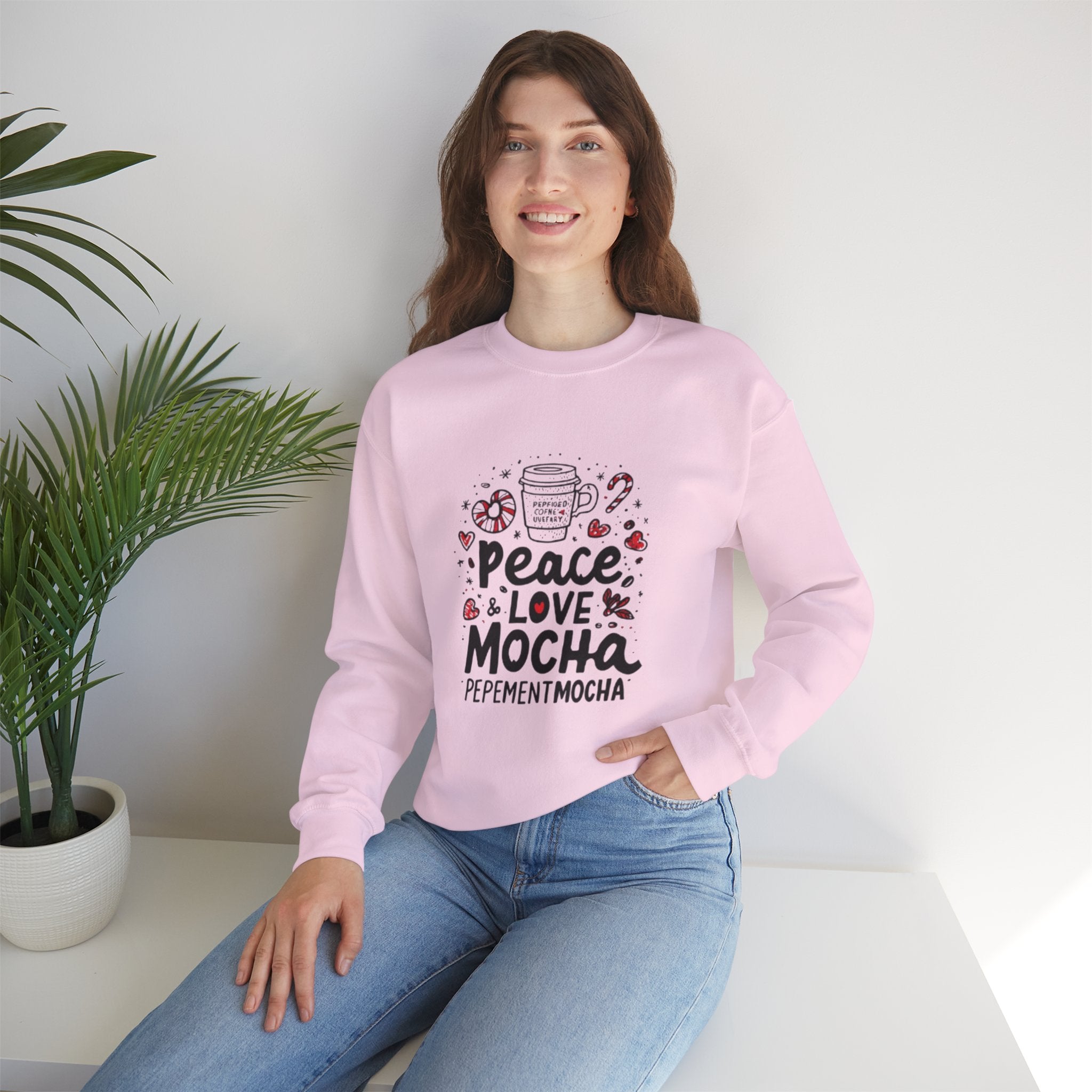 Peppermint Mocha Crewneck Sweatshirt — "Peace & Love Mocha" Holiday Coffee Sweater