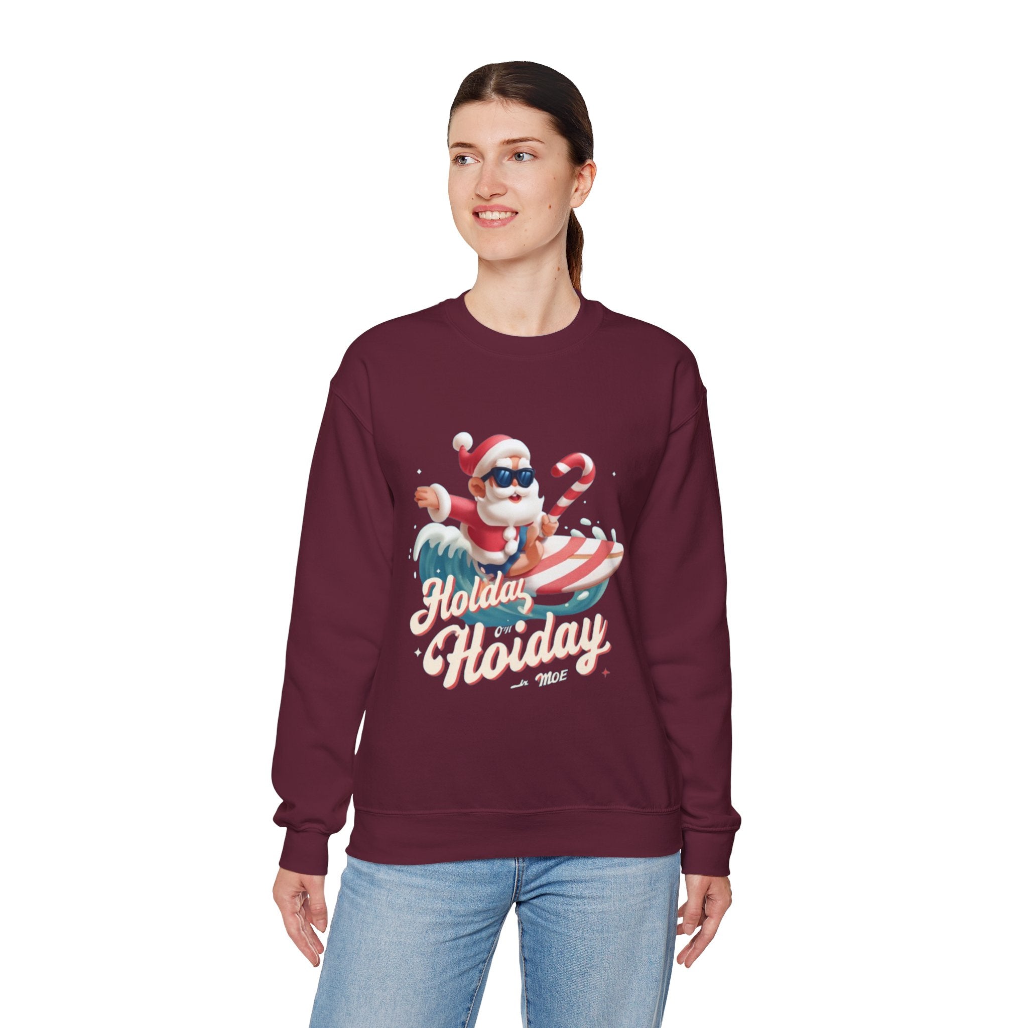 Holiday Holiday Crewneck Sweatshirt — Surfing Santa Christmas Sweatshirt