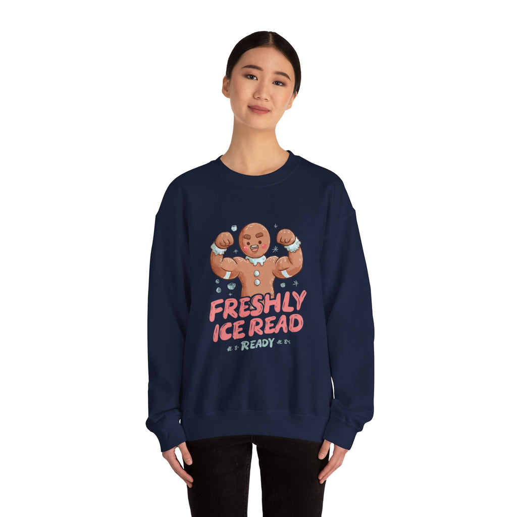 Crewneck Sweatshirt — 'Freshly Iced & Ready' Muscular Gingerbread Holiday Sweatshirt