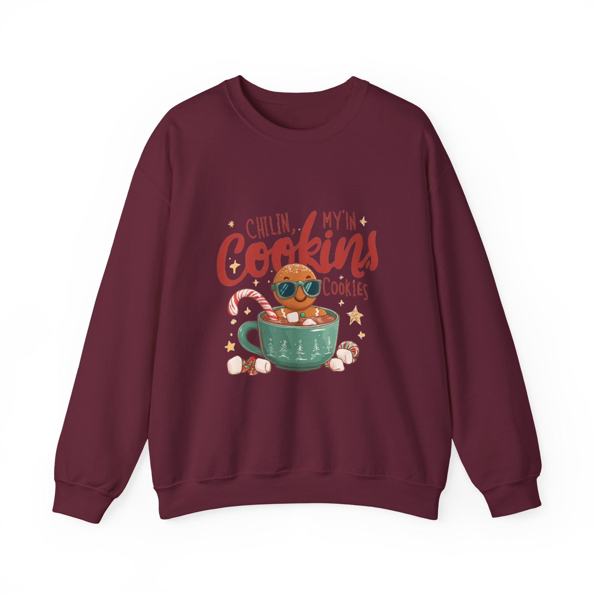 Crewneck Sweatshirt — "Chillin', My N' Cookins' Cookies" Cute Gingerbread Cup Holiday Pullover