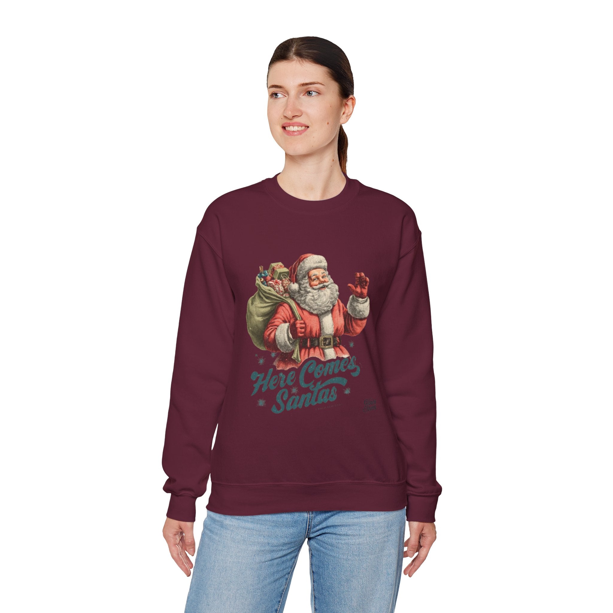 Santa Crewneck Sweatshirt — 'Here Comes Santa' Vintage Christmas Sweater