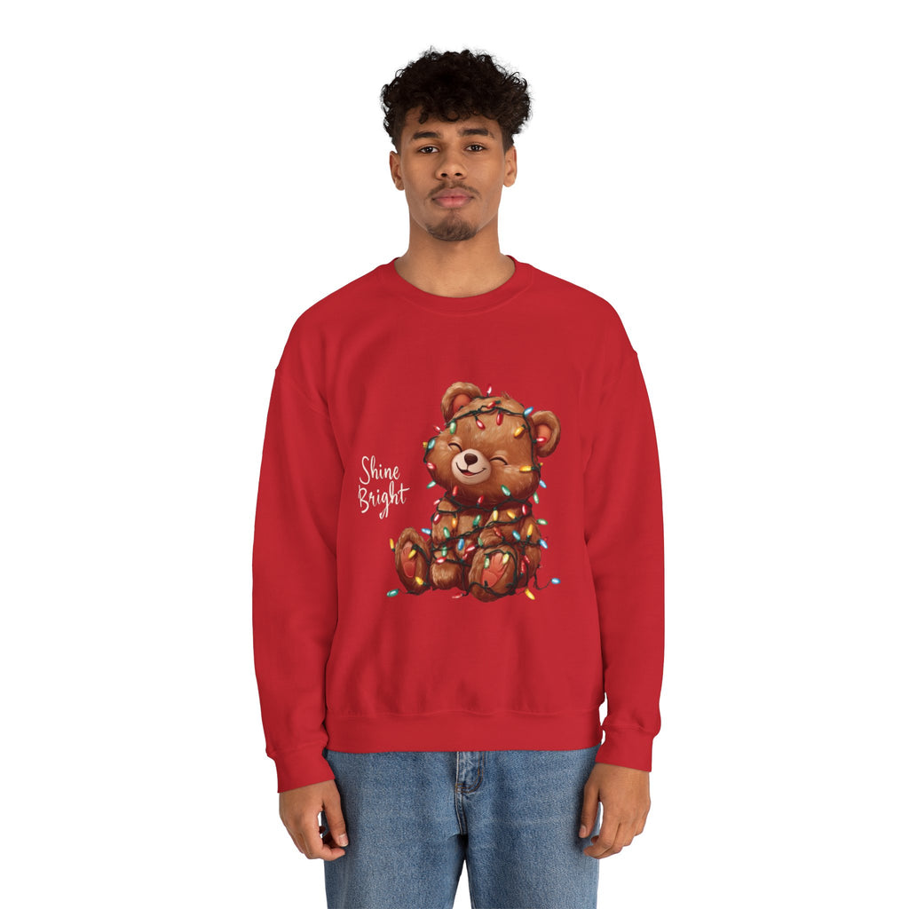 Crewneck Sweatshirt — Cute Teddy Wrapped in Christmas Lights Holiday Pullover
