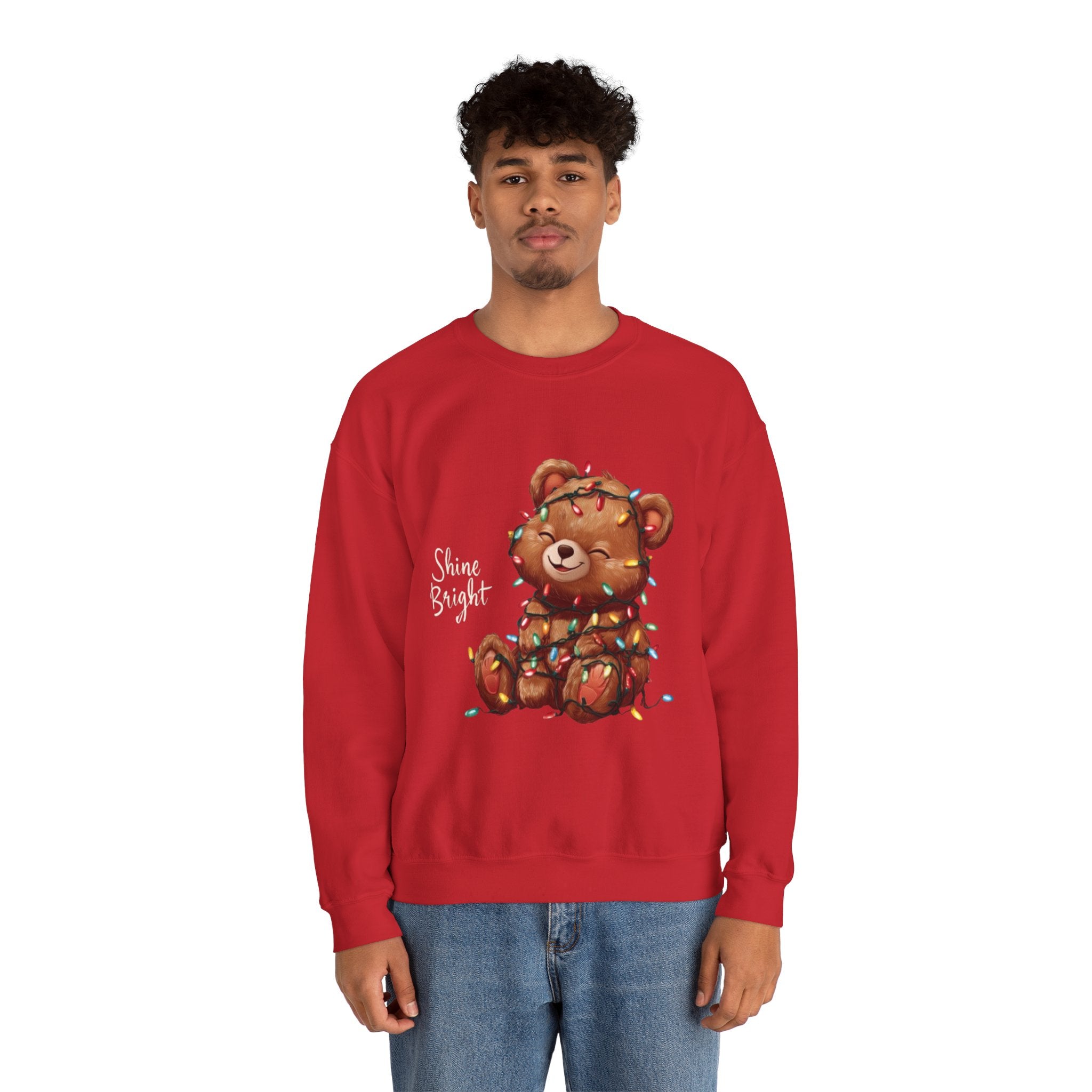 Crewneck Sweatshirt — Cute Teddy Wrapped in Christmas Lights Holiday Pullover