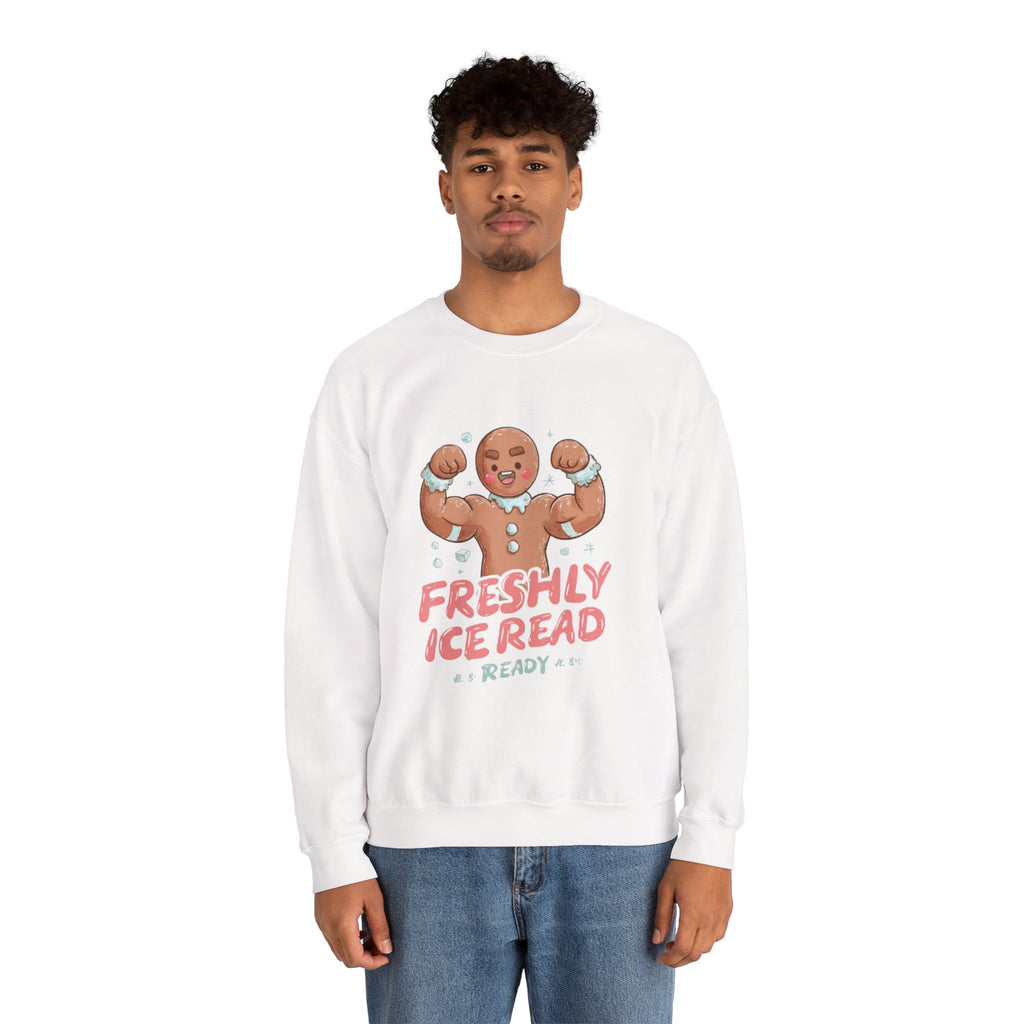 Crewneck Sweatshirt — 'Freshly Iced & Ready' Muscular Gingerbread Holiday Sweatshirt