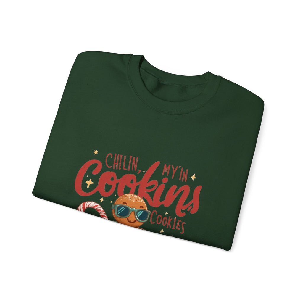 Crewneck Sweatshirt — "Chillin', My N' Cookins' Cookies" Cute Gingerbread Cup Holiday Pullover
