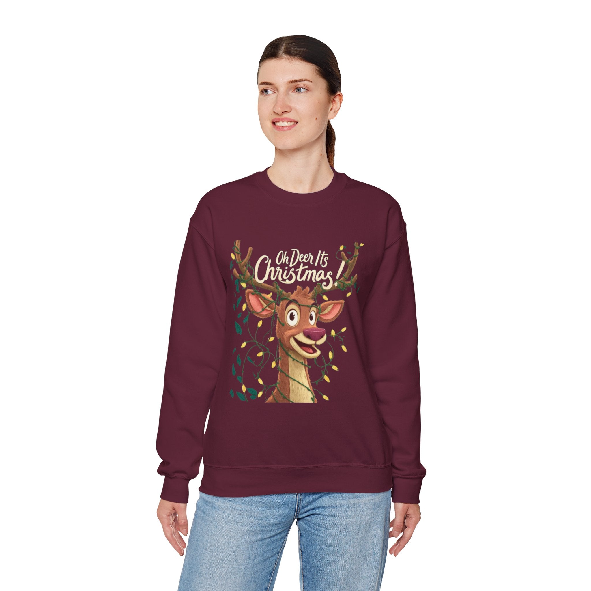 Christmas Reindeer Sweatshirt – "Oh Deer It's Christmas" Cute Holiday Crewneck