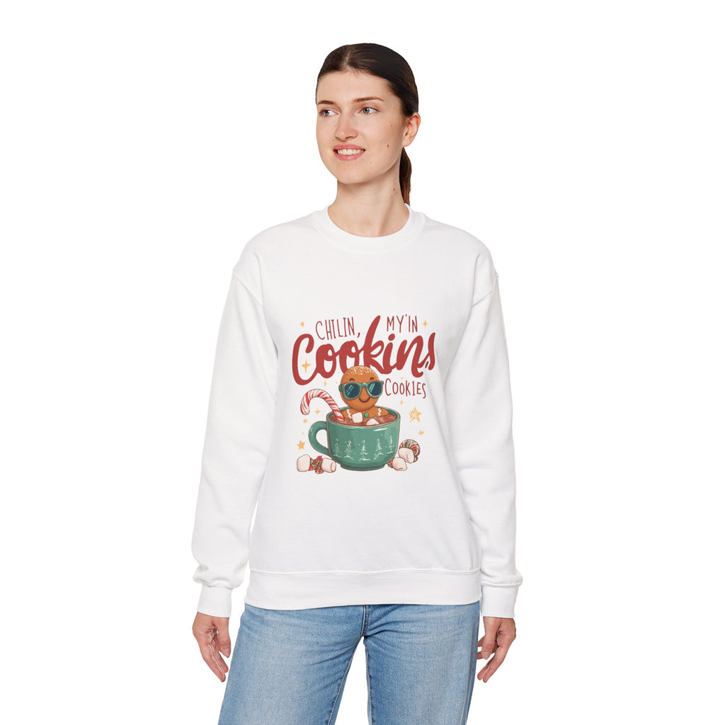 Crewneck Sweatshirt — "Chillin', My N' Cookins' Cookies" Cute Gingerbread Cup Holiday Pullover