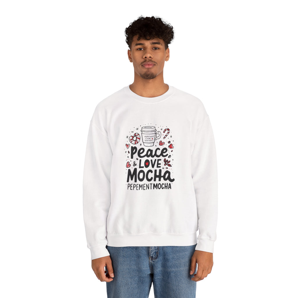 Peppermint Mocha Crewneck Sweatshirt — "Peace & Love Mocha" Holiday Coffee Sweater
