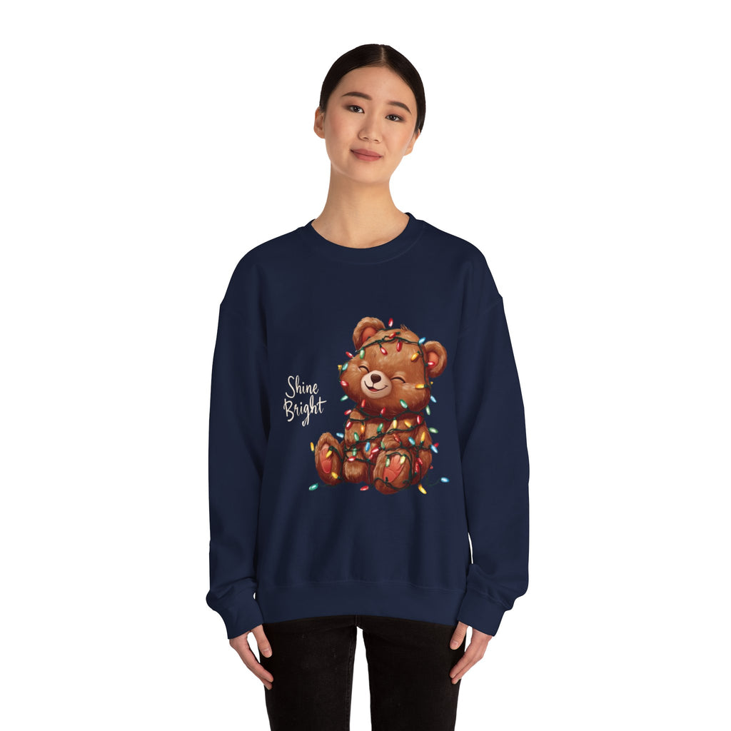 Crewneck Sweatshirt — Cute Teddy Wrapped in Christmas Lights Holiday Pullover