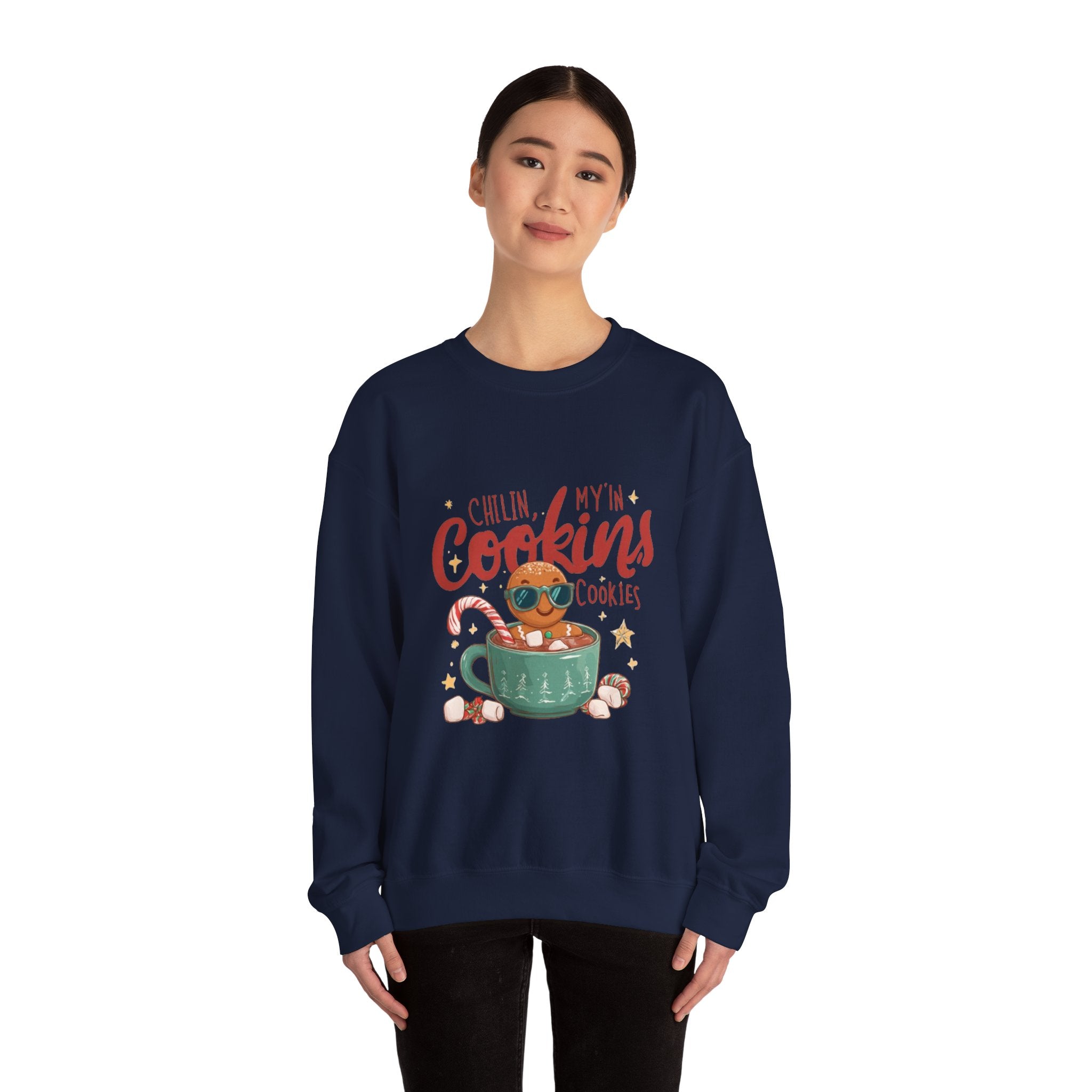 Crewneck Sweatshirt — "Chillin', My N' Cookins' Cookies" Cute Gingerbread Cup Holiday Pullover