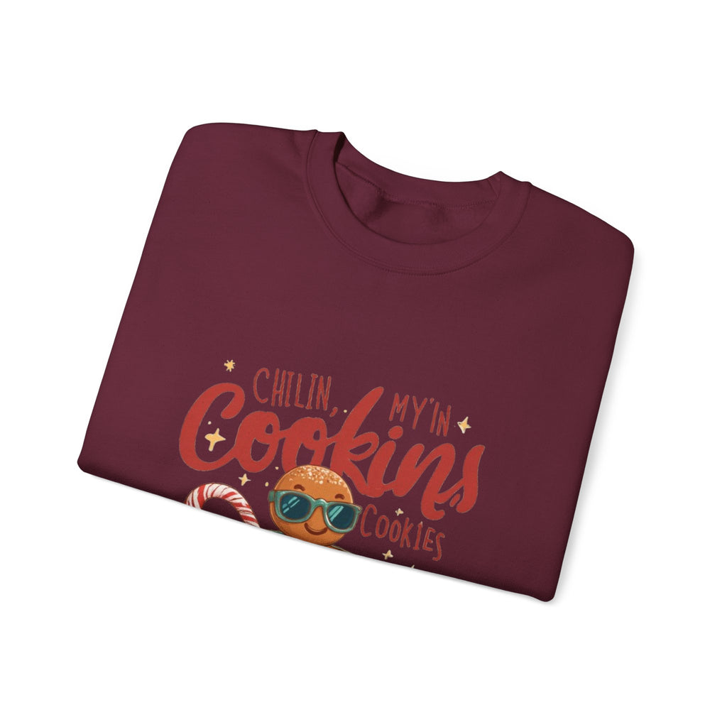 Crewneck Sweatshirt — "Chillin', My N' Cookins' Cookies" Cute Gingerbread Cup Holiday Pullover