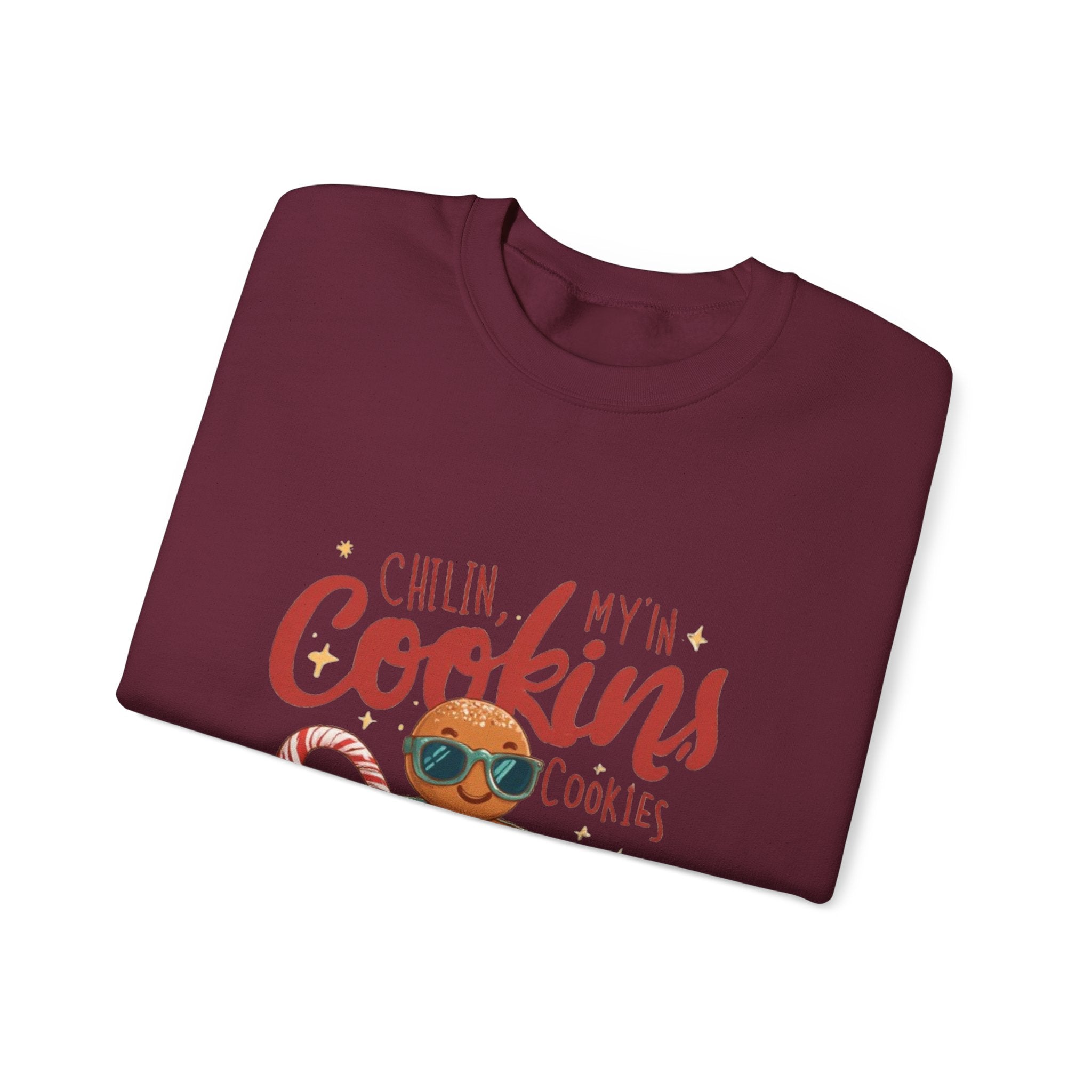 Crewneck Sweatshirt — "Chillin', My N' Cookins' Cookies" Cute Gingerbread Cup Holiday Pullover
