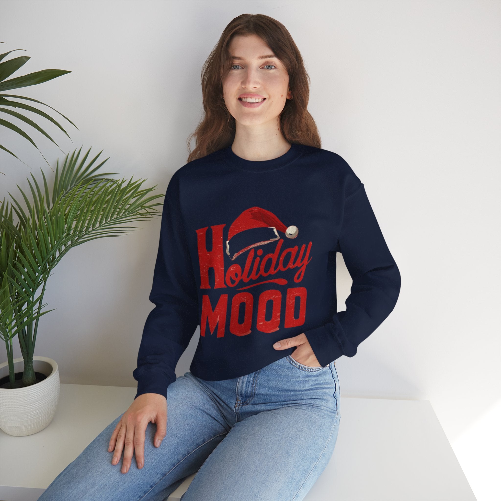 Holiday Mood Sweatshirt – Festive Santa Hat Christmas Crewneck