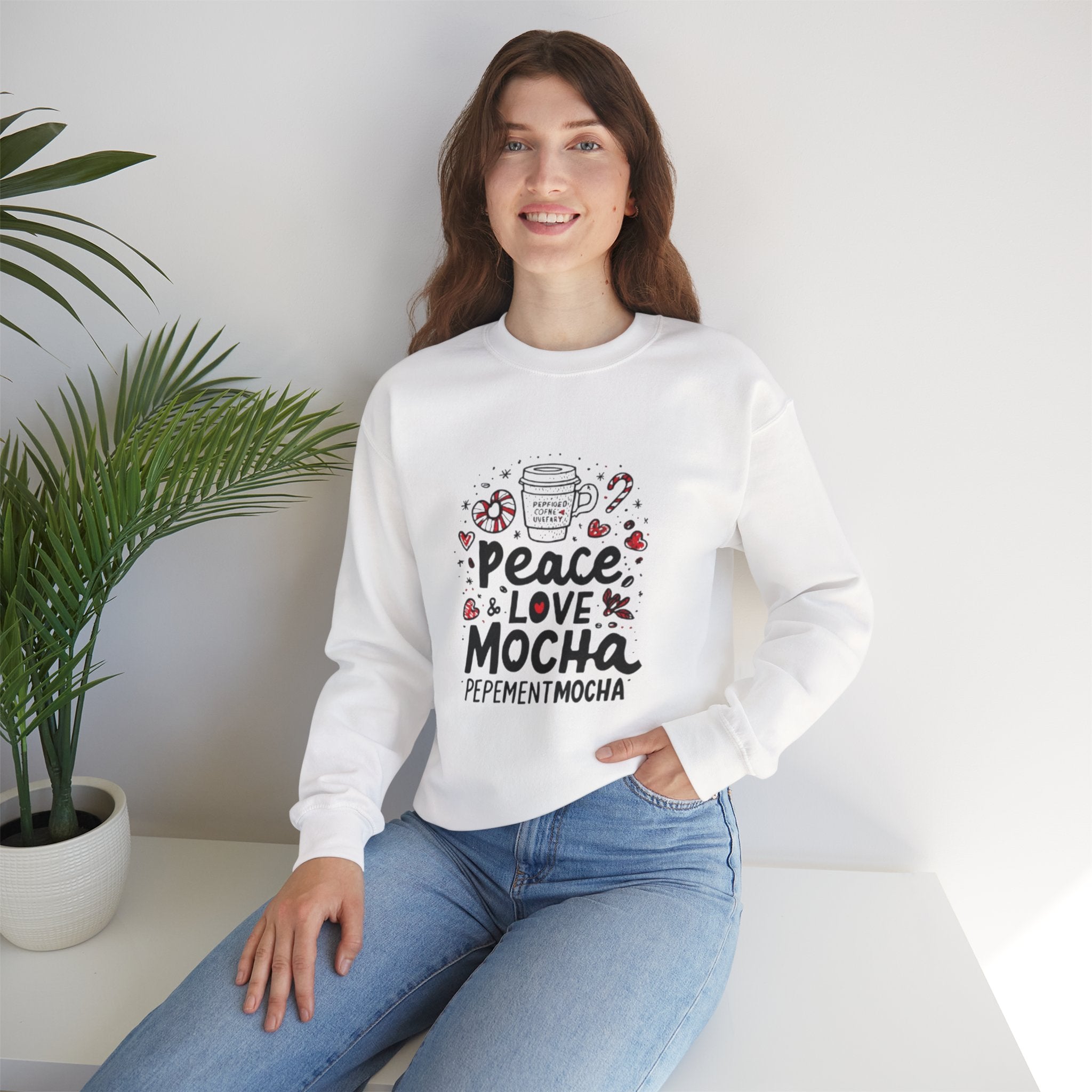 Peppermint Mocha Crewneck Sweatshirt — "Peace & Love Mocha" Holiday Coffee Sweater