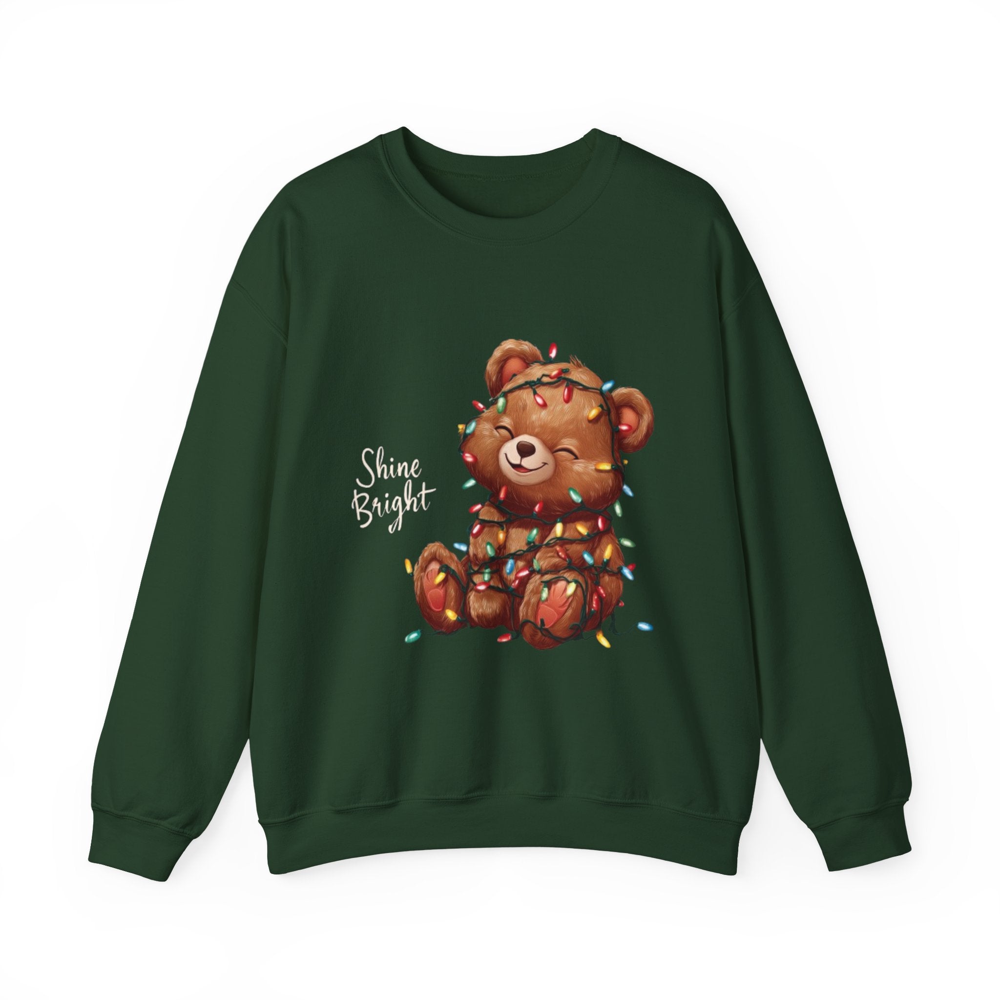 Crewneck Sweatshirt — Cute Teddy Wrapped in Christmas Lights Holiday Pullover