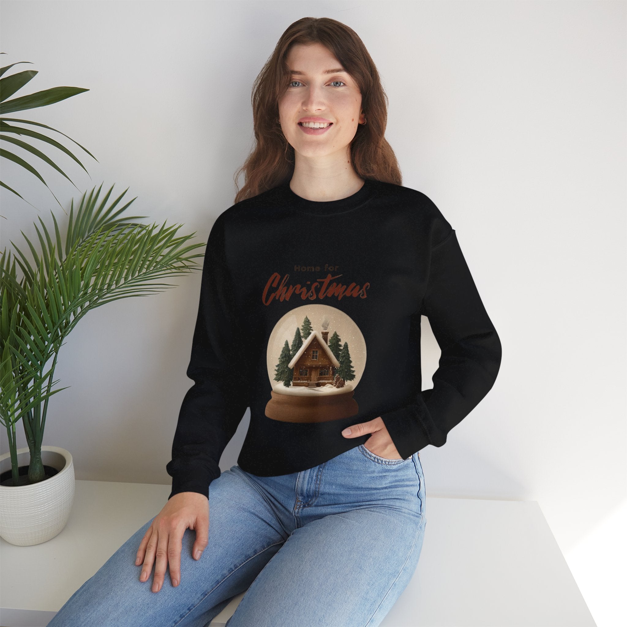 Christmas Snow Globe Crewneck Sweatshirt — "Home for Christmas" Cabin Design