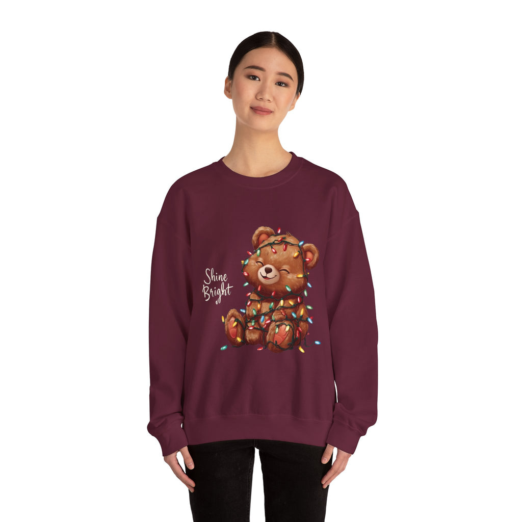 Crewneck Sweatshirt — Cute Teddy Wrapped in Christmas Lights Holiday Pullover