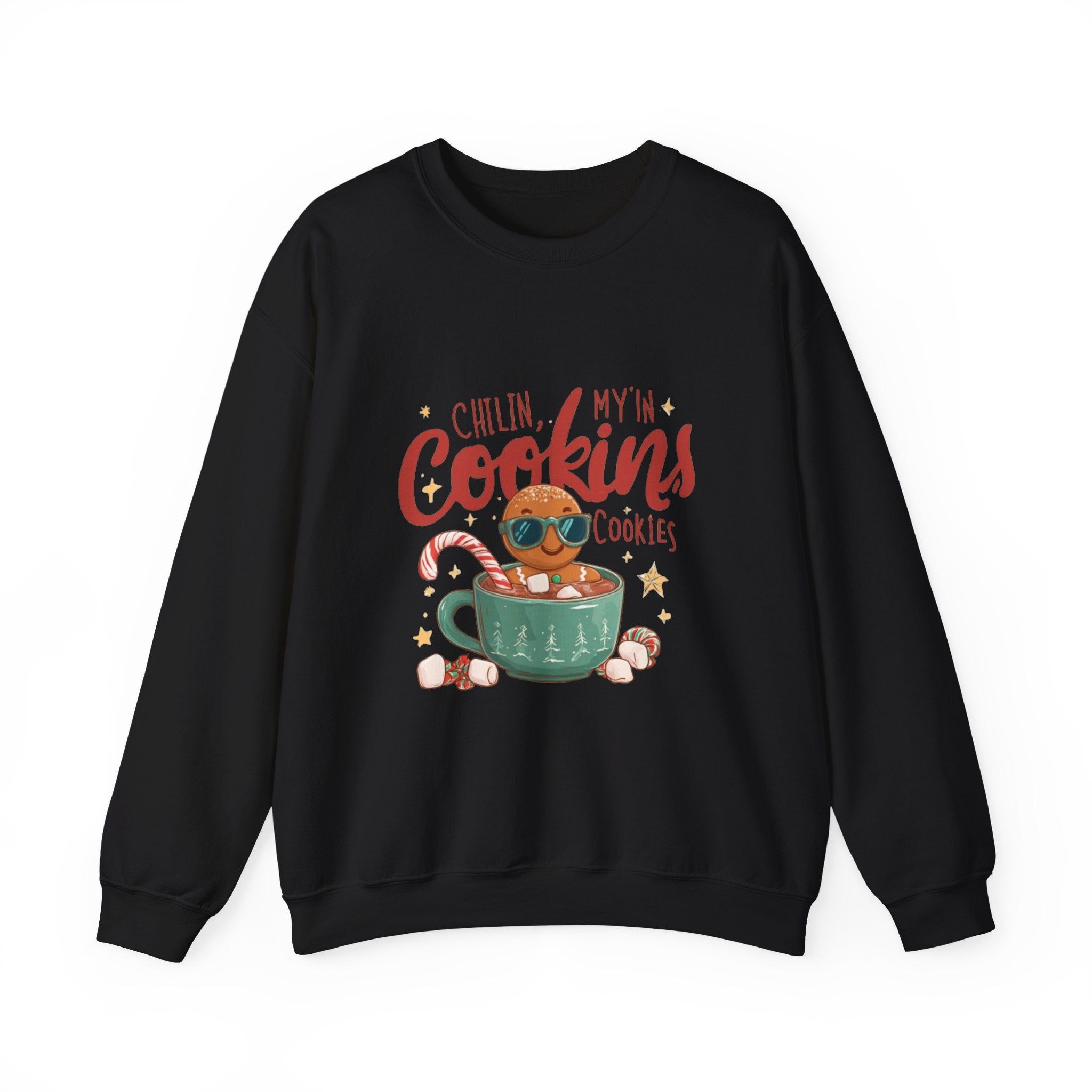 Crewneck Sweatshirt — "Chillin', My N' Cookins' Cookies" Cute Gingerbread Cup Holiday Pullover