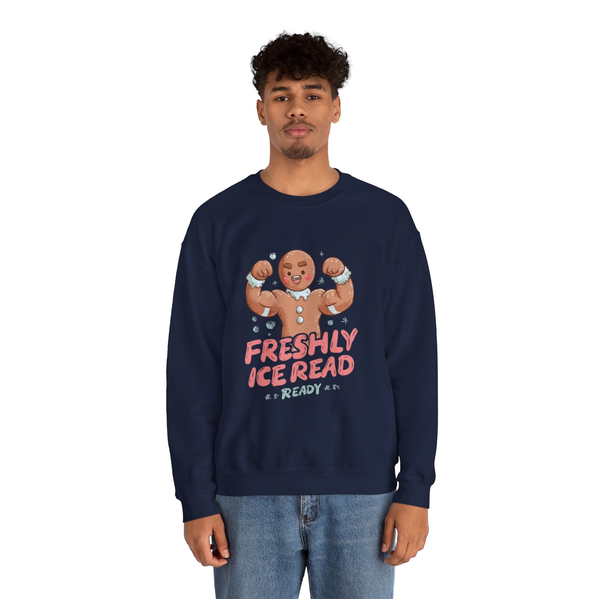 Crewneck Sweatshirt — 'Freshly Iced & Ready' Muscular Gingerbread Holiday Sweatshirt