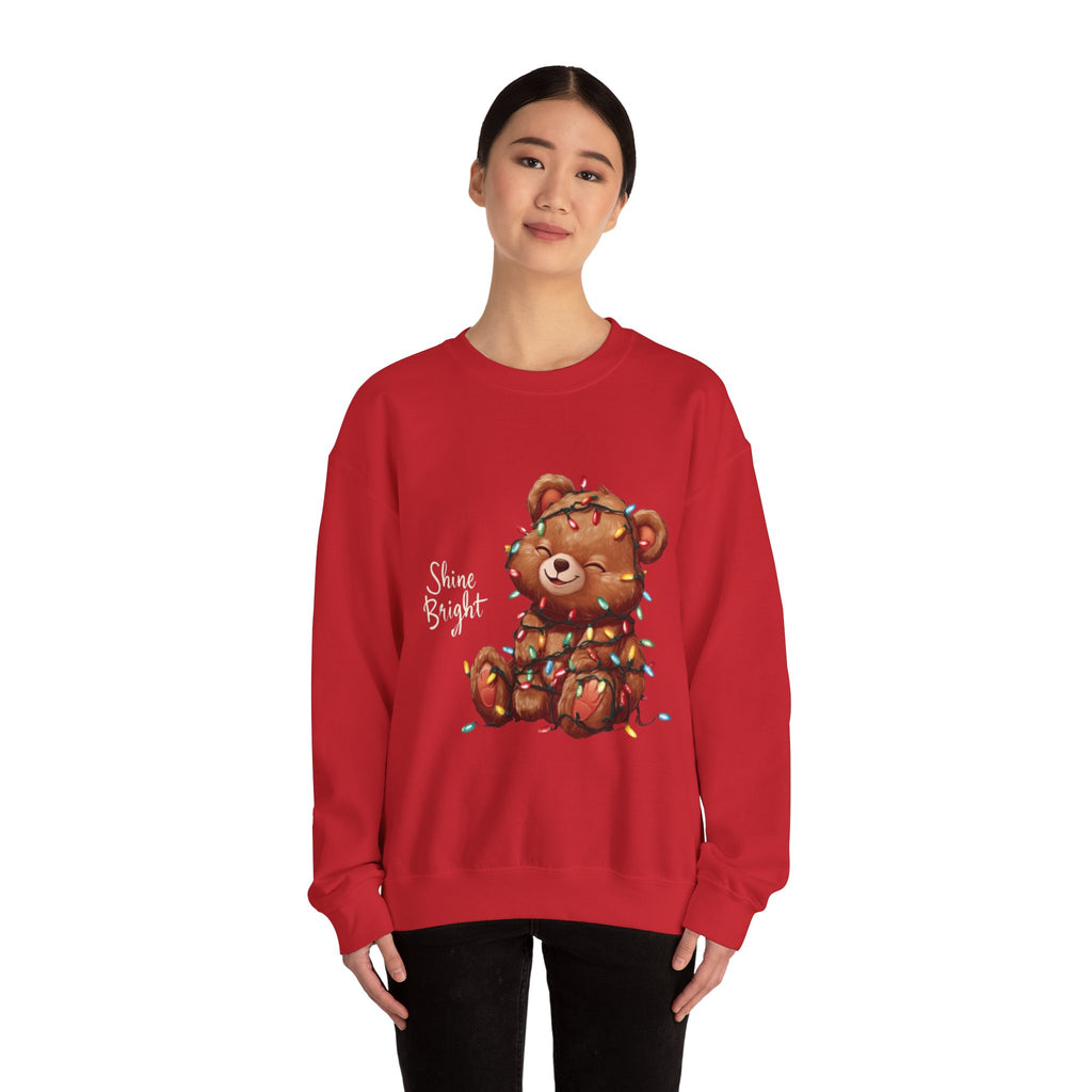 Crewneck Sweatshirt — Cute Teddy Wrapped in Christmas Lights Holiday Pullover
