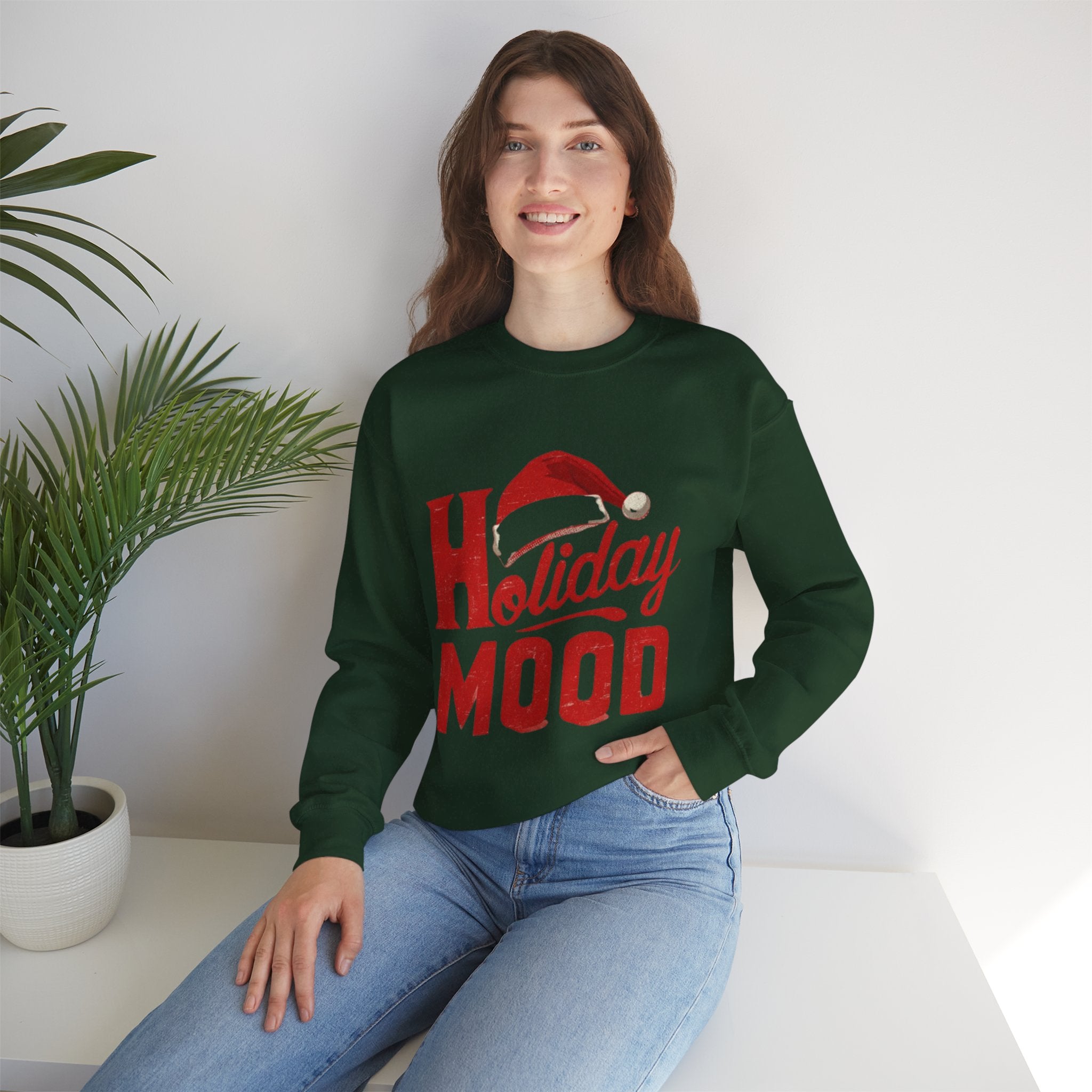Holiday Mood Sweatshirt – Festive Santa Hat Christmas Crewneck