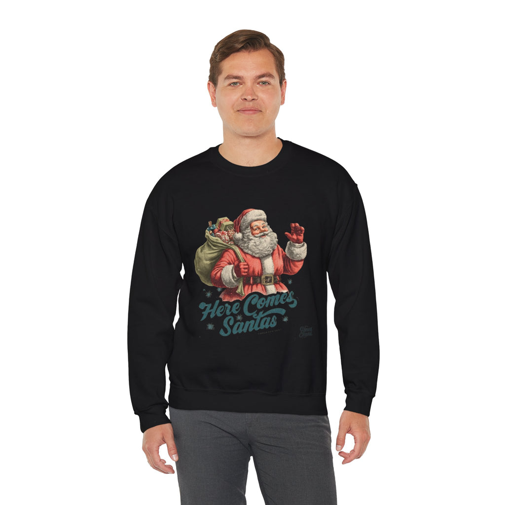 Santa Crewneck Sweatshirt — 'Here Comes Santa' Vintage Christmas Sweater