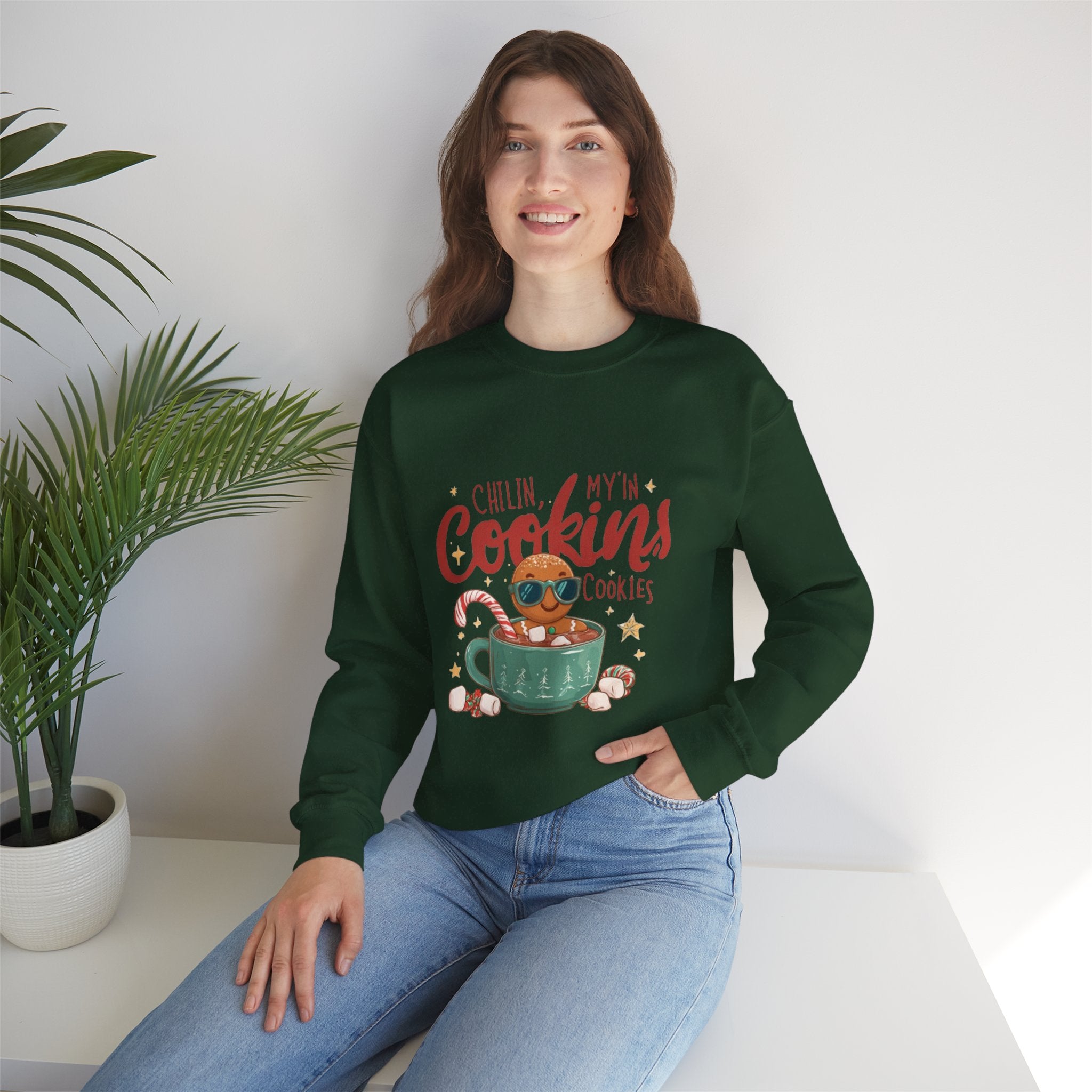 Crewneck Sweatshirt — "Chillin', My N' Cookins' Cookies" Cute Gingerbread Cup Holiday Pullover