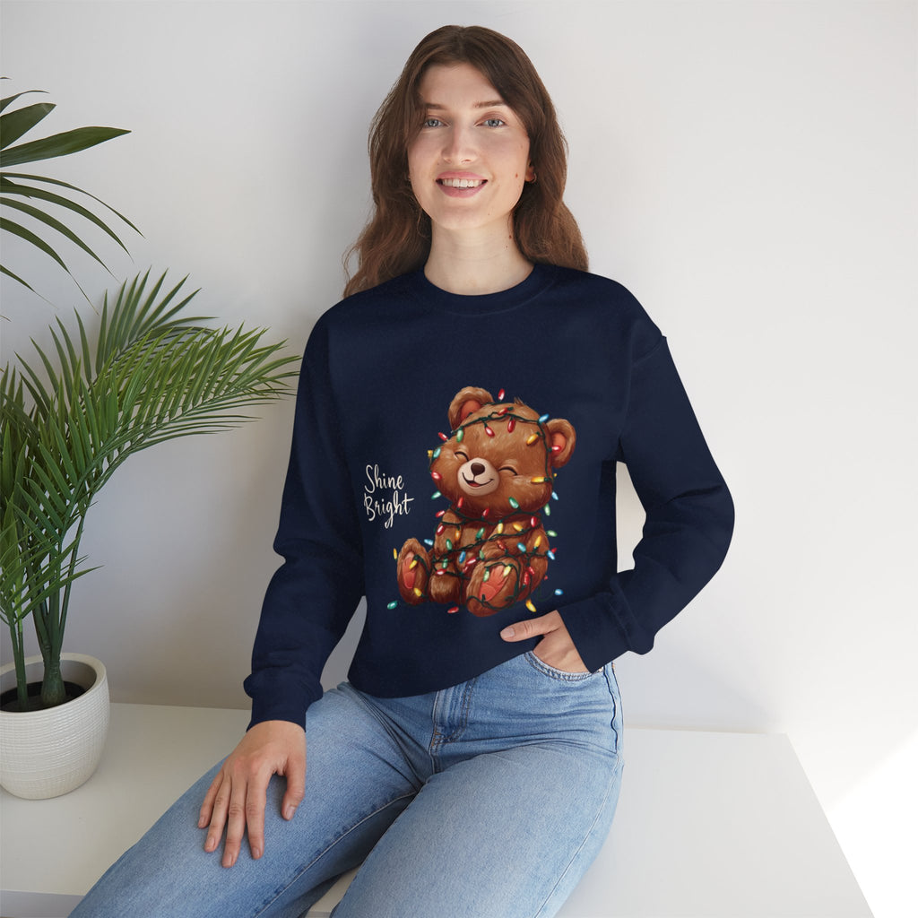 Crewneck Sweatshirt — Cute Teddy Wrapped in Christmas Lights Holiday Pullover