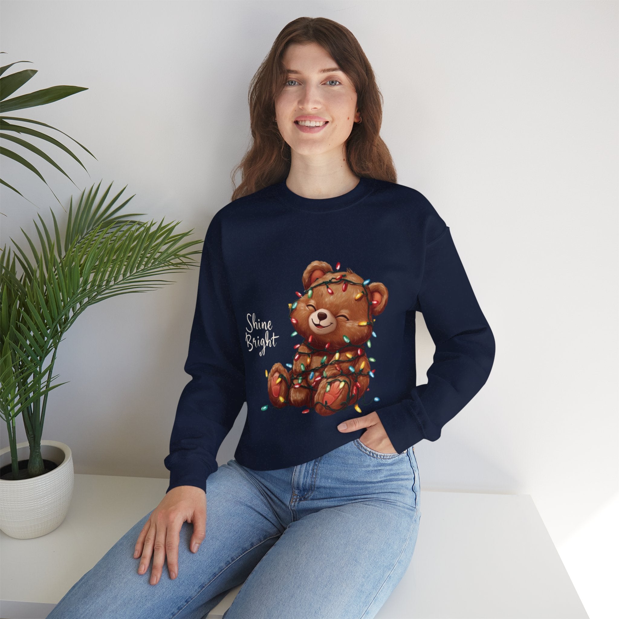 Crewneck Sweatshirt — Cute Teddy Wrapped in Christmas Lights Holiday Pullover