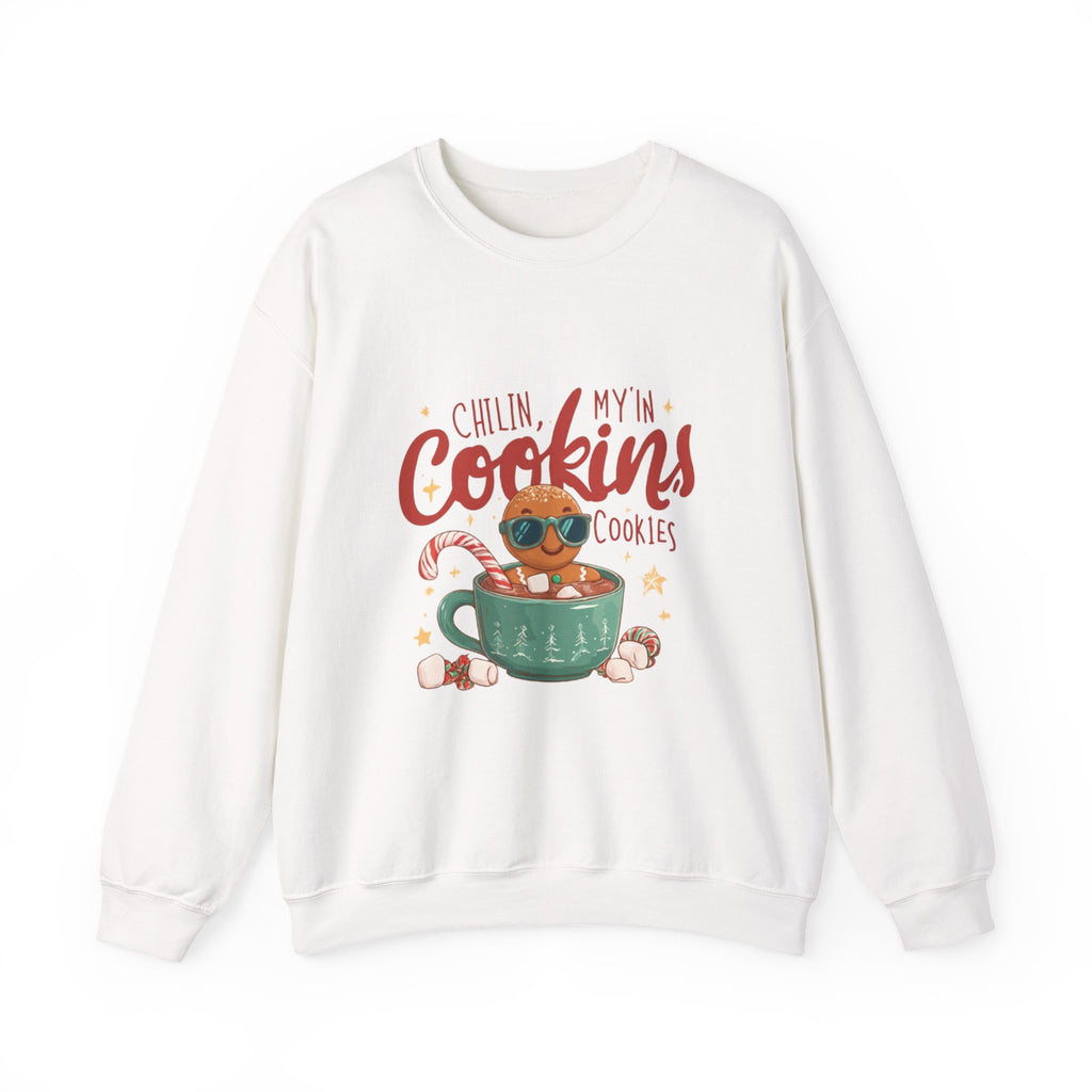 Crewneck Sweatshirt — "Chillin', My N' Cookins' Cookies" Cute Gingerbread Cup Holiday Pullover