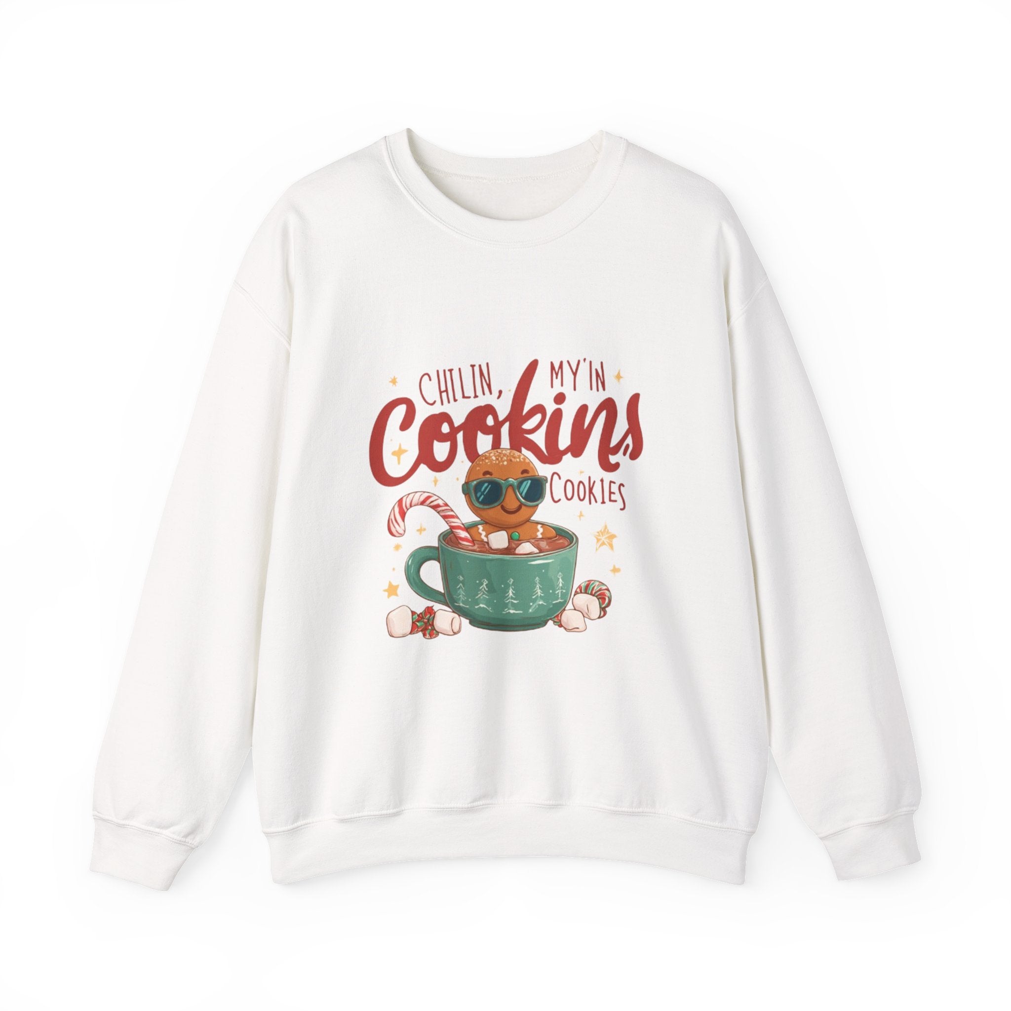 Crewneck Sweatshirt — "Chillin', My N' Cookins' Cookies" Cute Gingerbread Cup Holiday Pullover