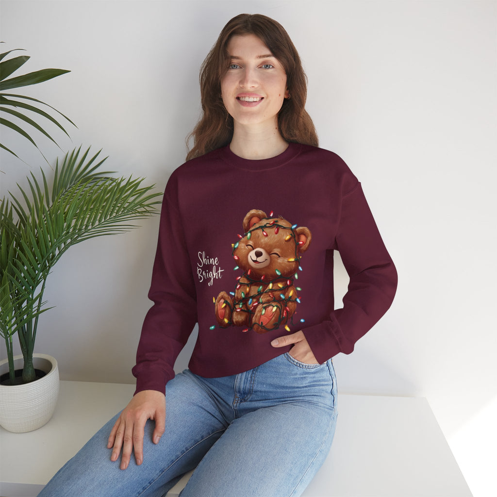 Crewneck Sweatshirt — Cute Teddy Wrapped in Christmas Lights Holiday Pullover