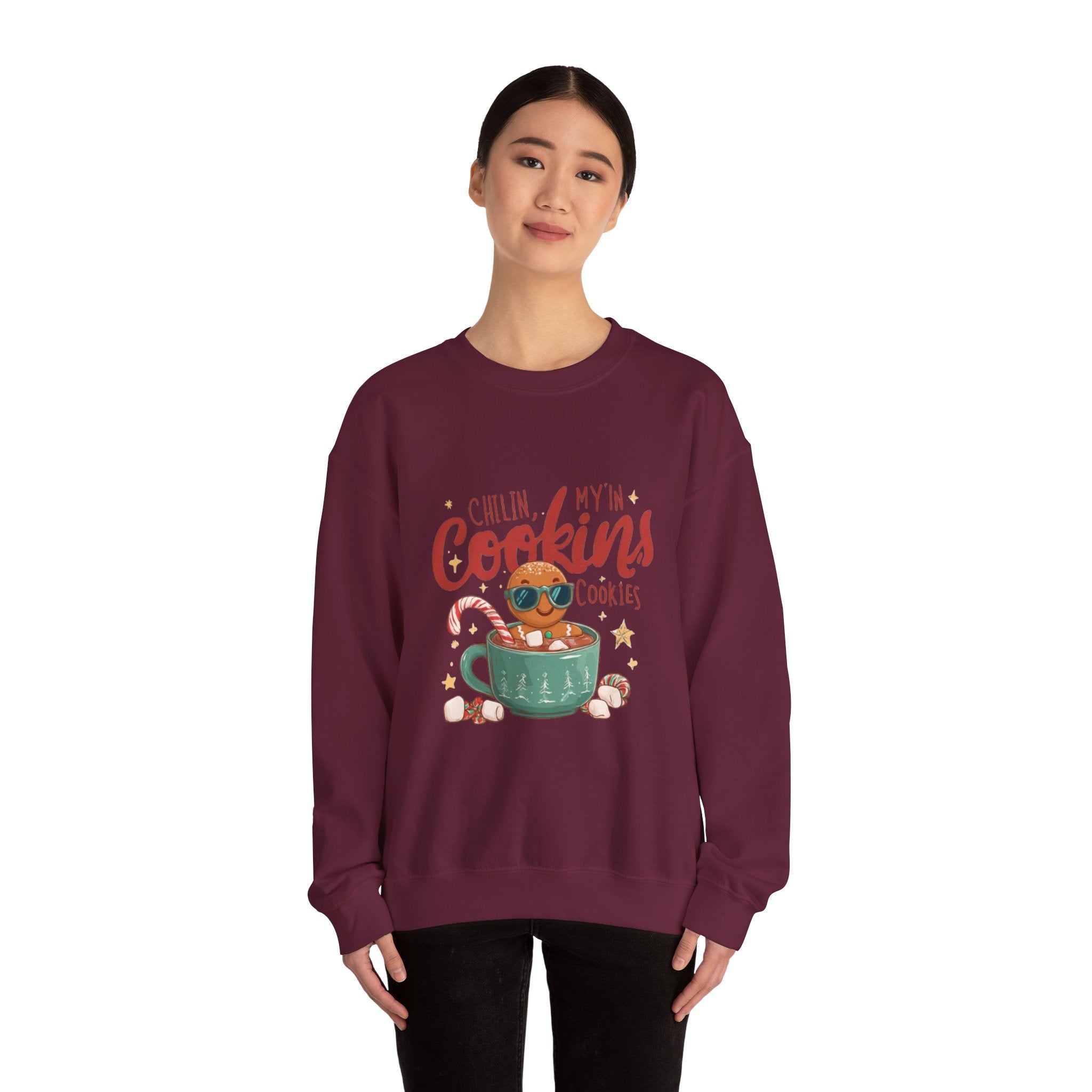 Crewneck Sweatshirt — "Chillin', My N' Cookins' Cookies" Cute Gingerbread Cup Holiday Pullover