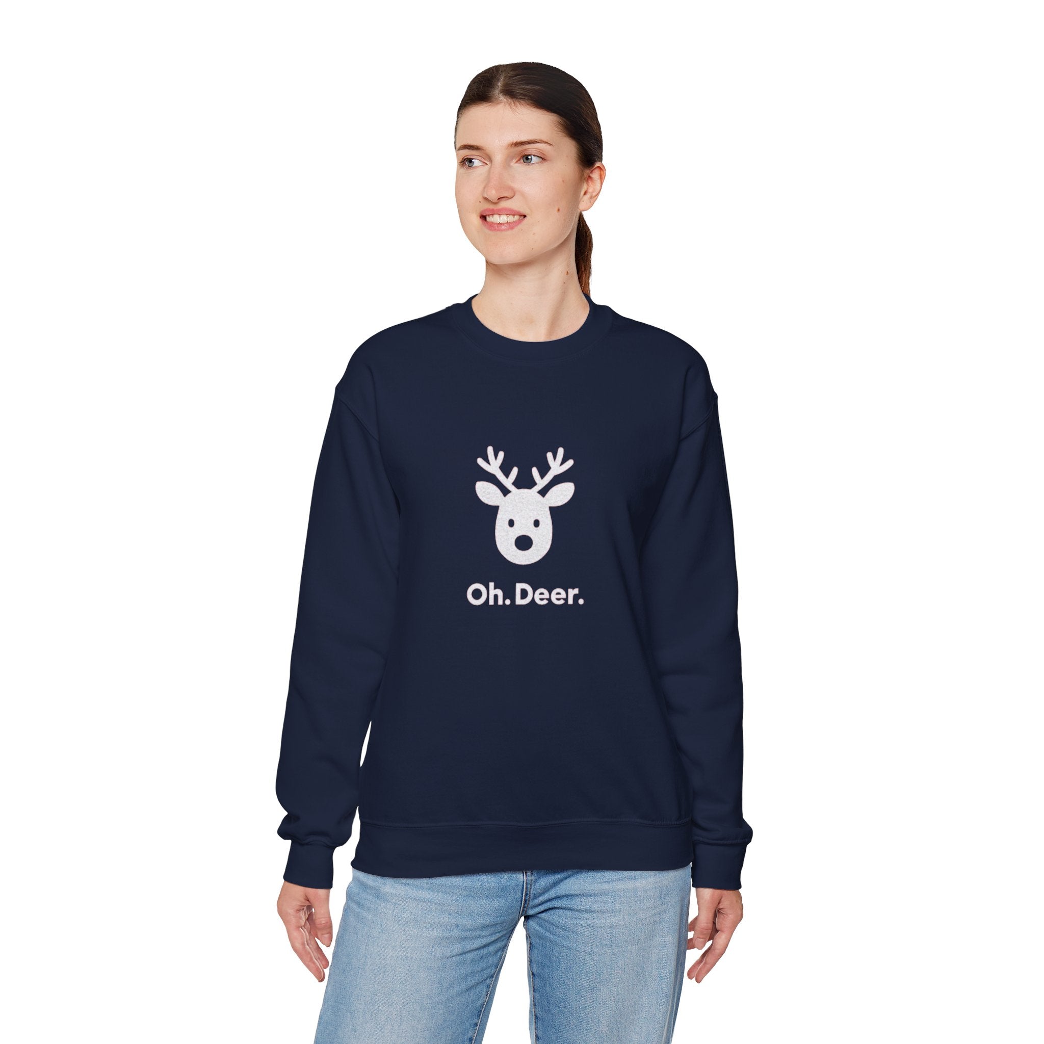 Crewneck Sweatshirt — Subtle ‘Oh Deer.’ Reindeer Graphic Holiday Pullover