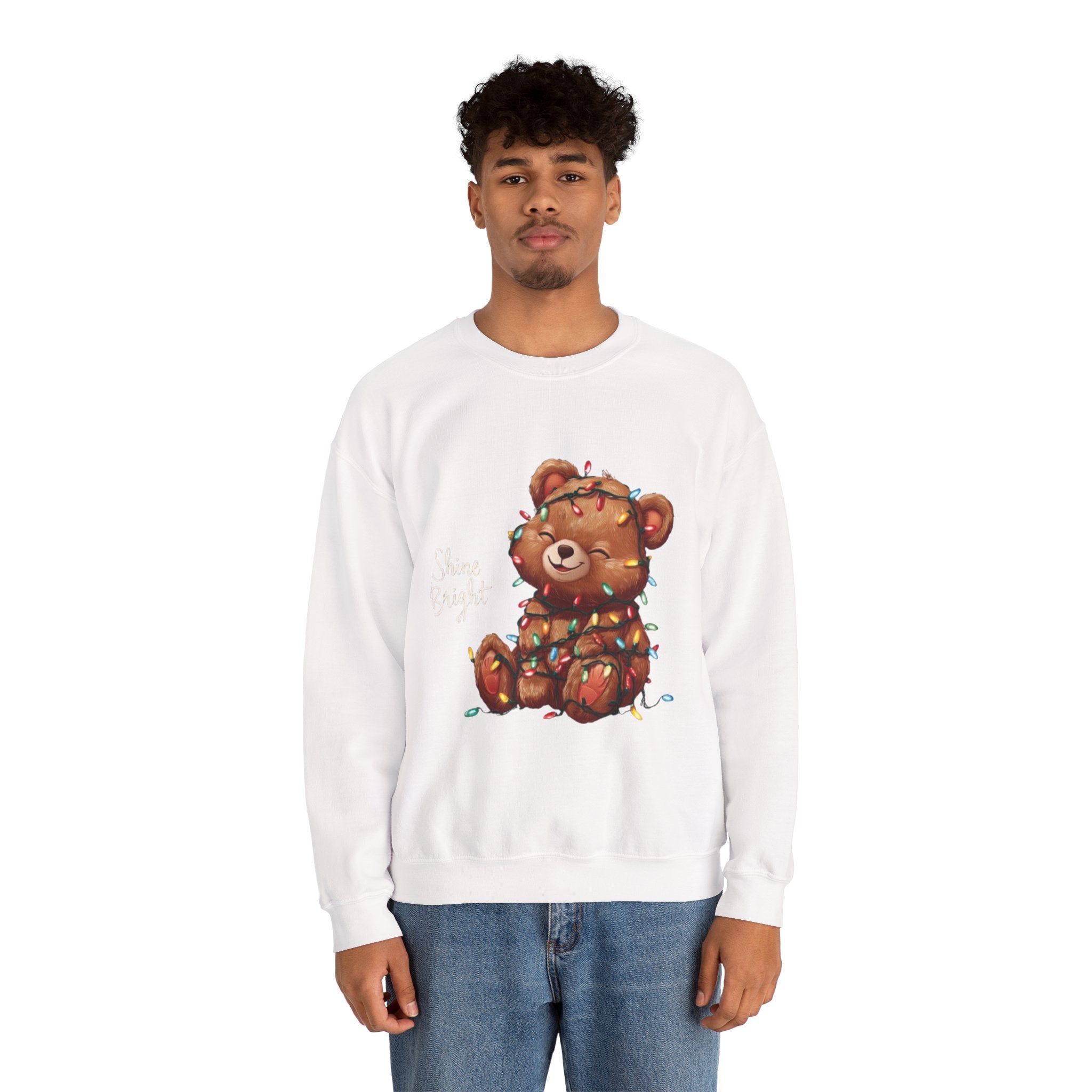Crewneck Sweatshirt — Cute Teddy Wrapped in Christmas Lights Holiday Pullover