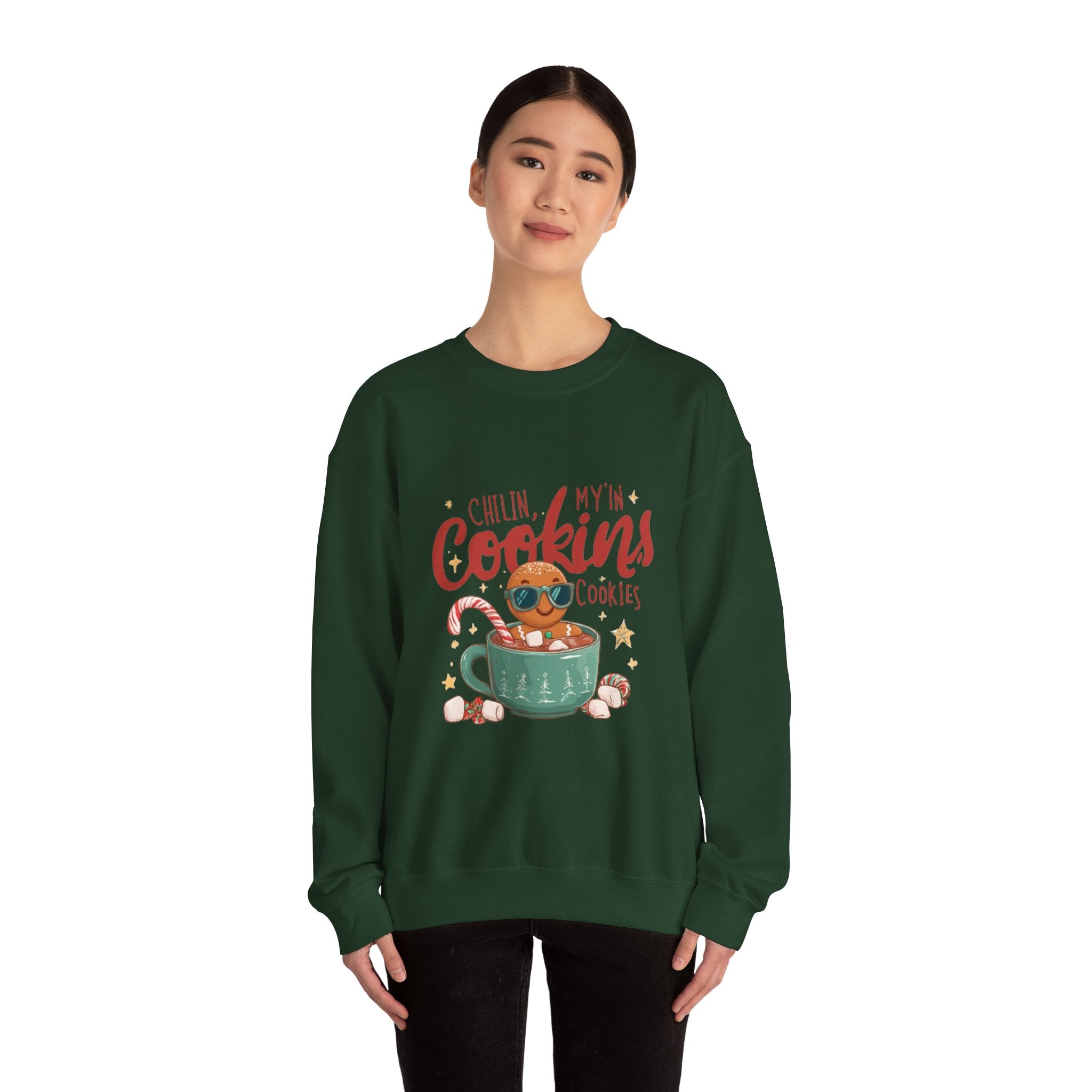 Crewneck Sweatshirt — "Chillin', My N' Cookins' Cookies" Cute Gingerbread Cup Holiday Pullover