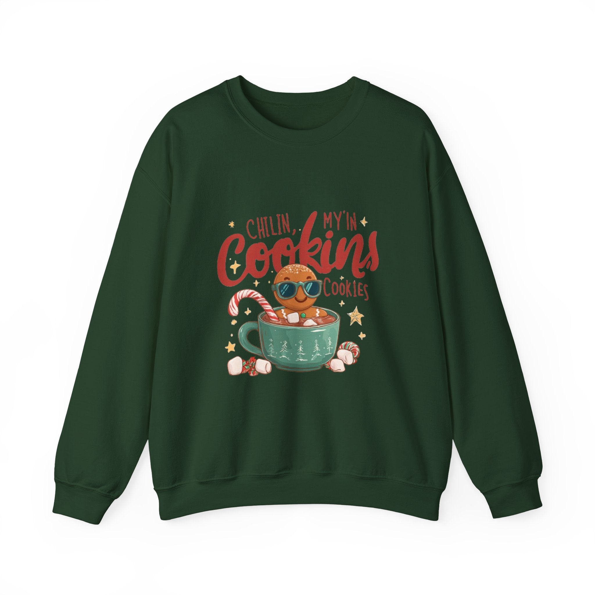 Crewneck Sweatshirt — "Chillin', My N' Cookins' Cookies" Cute Gingerbread Cup Holiday Pullover